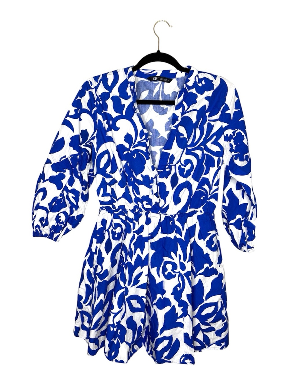 Zara summer blue and white mini shirt dress long sleeves women's size Large
